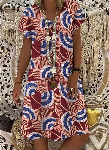 Summer New Short-Sleeved Printed Dress Mid-Length A-Line Skirt