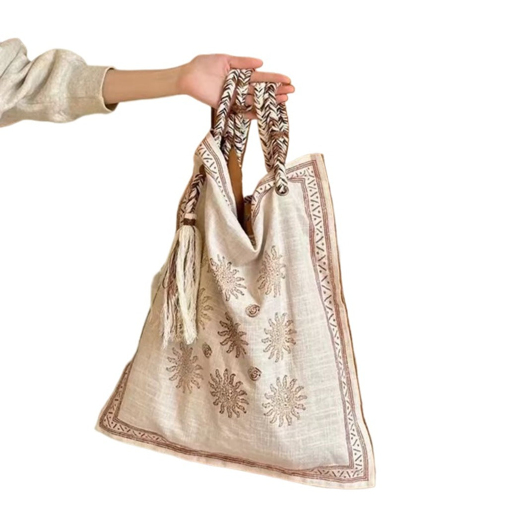 Cosbai - Boho Square Tote Bag With Tassel