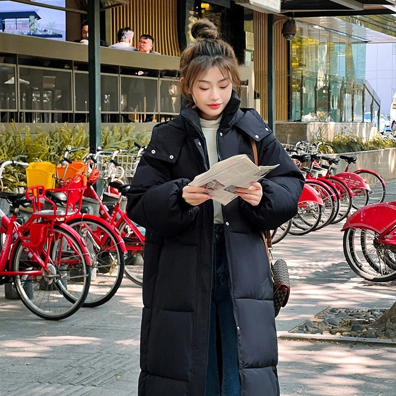 Solid Color Hooded Thickened Down Cotton Long Loose Coat