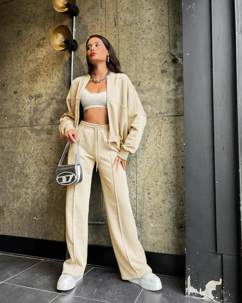 Zip Up Cardigan And Wide Leg Cotton Trousers Set