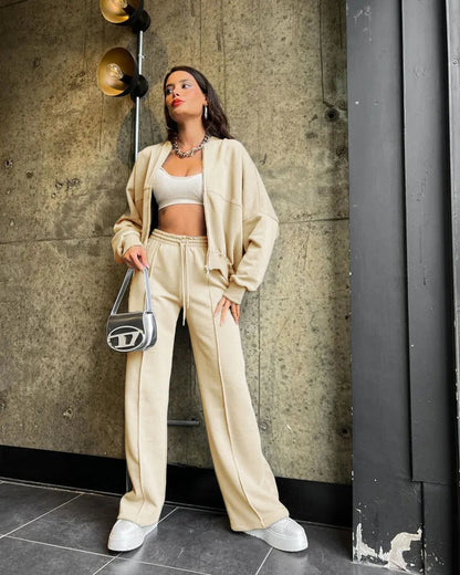 Zip Up Cardigan And Wide Leg Cotton Trousers Set