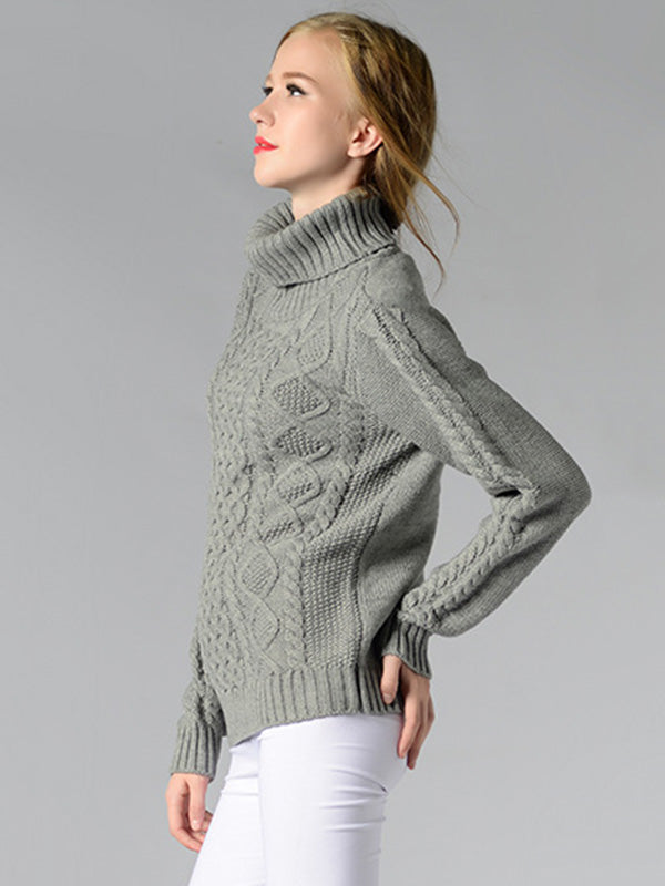 Casual 5 Colors Jacquard High-Neck Long Sleeves Sweater Top