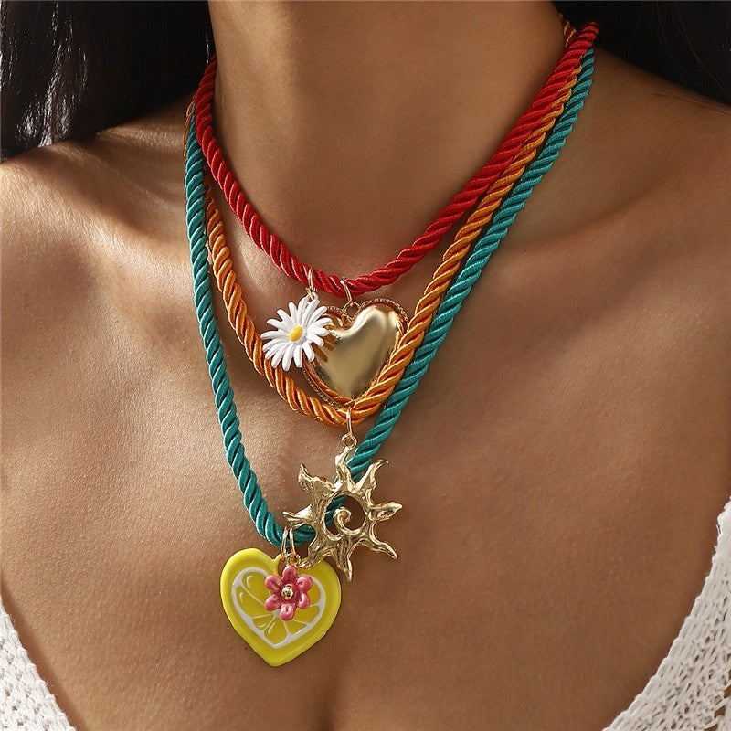 Colorful Rope Heart Sun Pendant Necklace