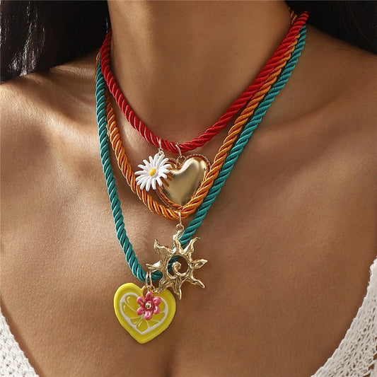 Colorful Rope Heart Sun Pendant Necklace