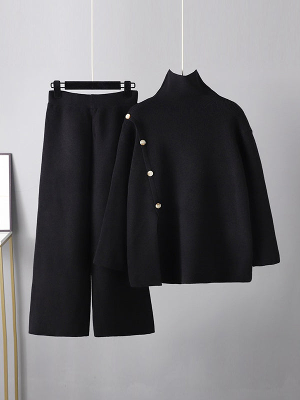 Urban Loose Buttoned Split-Front Solid Color High-Neck Sweater Tops &Wide Leg Pants Two Pieces Set