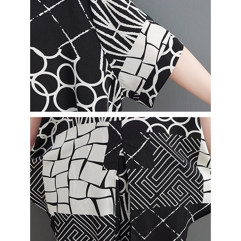 Original Loose Contrast Color Plaid Polka-Dot Blouse&Wide Legs Pants Two Pieces Set