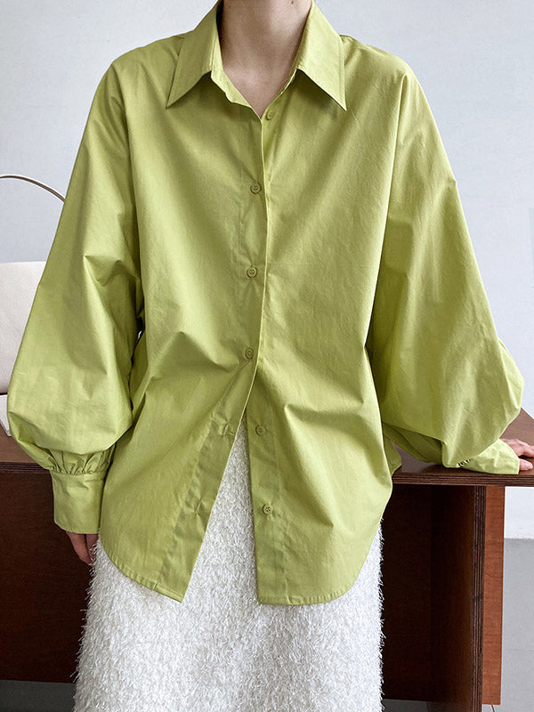 Long Sleeves Loose Buttoned Pleated Solid Color Lapel Blouses&Shirts Tops