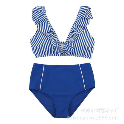 Bikini Stripe Solid Color Lotus Leaf Flash High Waist Split Swimsuit