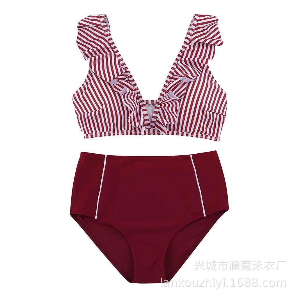 Bikini Stripe Solid Color Lotus Leaf Flash High Waist Split Swimsuit