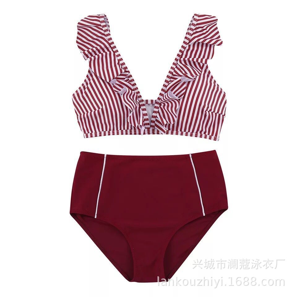 Bikini Stripe Solid Color Lotus Leaf Flash High Waist Split Swimsuit