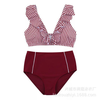 Bikini Stripe Solid Color Lotus Leaf Flash High Waist Split Swimsuit