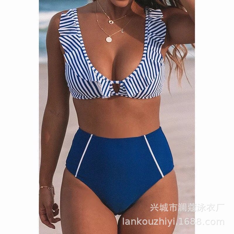 Bikini Stripe Solid Color Lotus Leaf Flash High Waist Split Swimsuit
