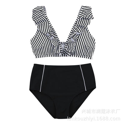 Bikini Stripe Solid Color Lotus Leaf Flash High Waist Split Swimsuit