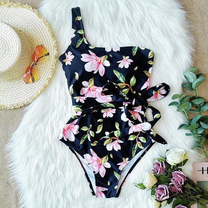One Shoulder Floral One Piece Swimsuit Bandage For Women