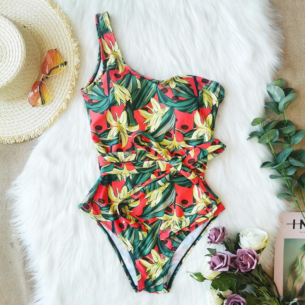 One Shoulder Floral One Piece Swimsuit Bandage For Women