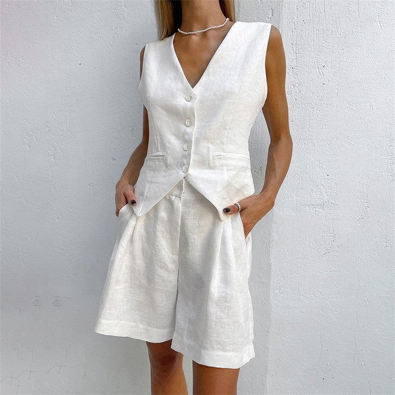 Solid Color Suit Vest Shorts Two-Piece Set