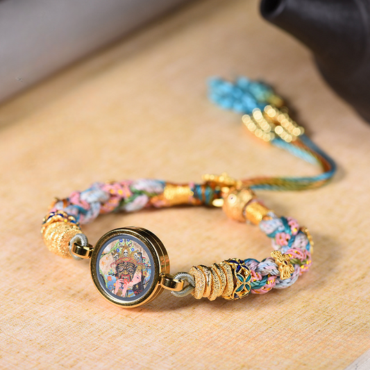 Hand-Woven New Tibetan-Style Ethnic Zakiram Thangka Yellow God Of Wealth Hand Rope Women'S Bracelet Retro Hand Rope