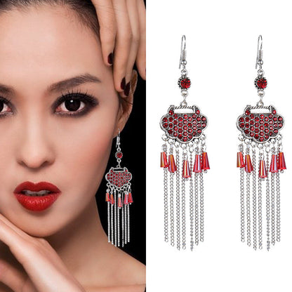 Creative Long Life Lock Retro Tassel Earrings Women'S Full Diamond Long Style Temperament Earrings