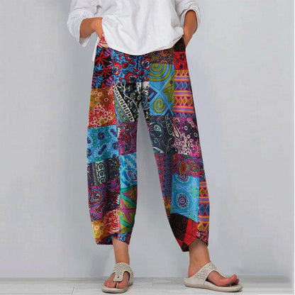 Cotton Hemp Tight Belt Casual Loose Wide-Legged Trousers