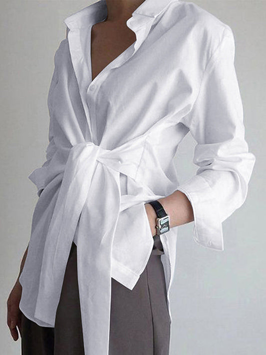 Long Sleeves Loose Bandage Buttoned Solid Color Split-Joint Lapel Collar Blouses