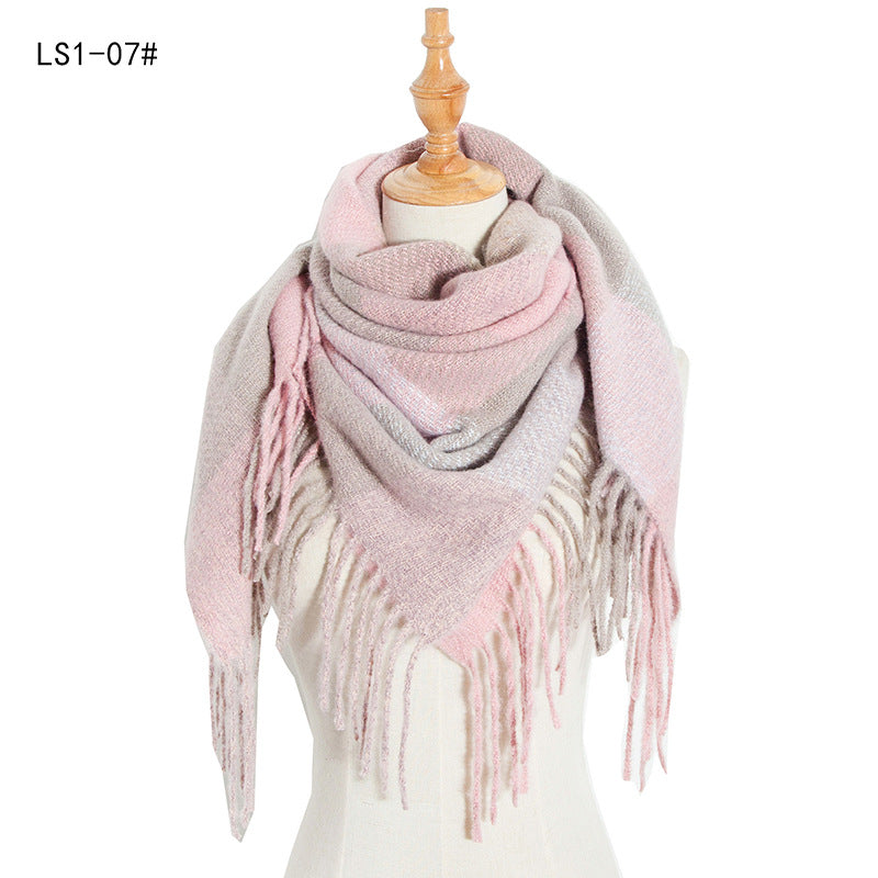 Winter Color Block Striped Tassel Square Scarf