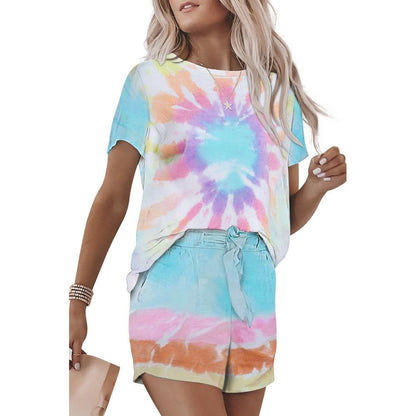 Summer Printed Dyed Pajamas With Short Sleeved Gradient-Colored Draw-Down Home Clothing Set