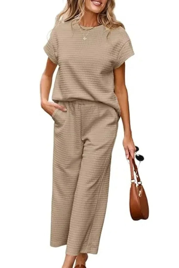 Women's Casual Textured Tops and Wide Leg Pants Lounge Sets