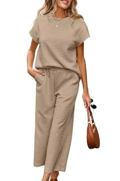 Women's Casual Textured Tops and Wide Leg Pants Lounge Sets