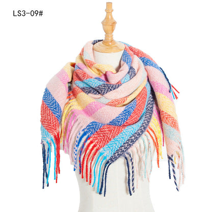 Winter Color Block Striped Tassel Square Scarf