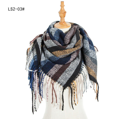 Winter Color Block Striped Tassel Square Scarf