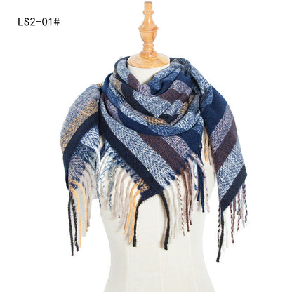 Winter Color Block Striped Tassel Square Scarf
