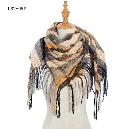 Winter Color Block Striped Tassel Square Scarf