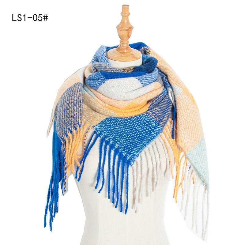 Winter Color Block Striped Tassel Square Scarf