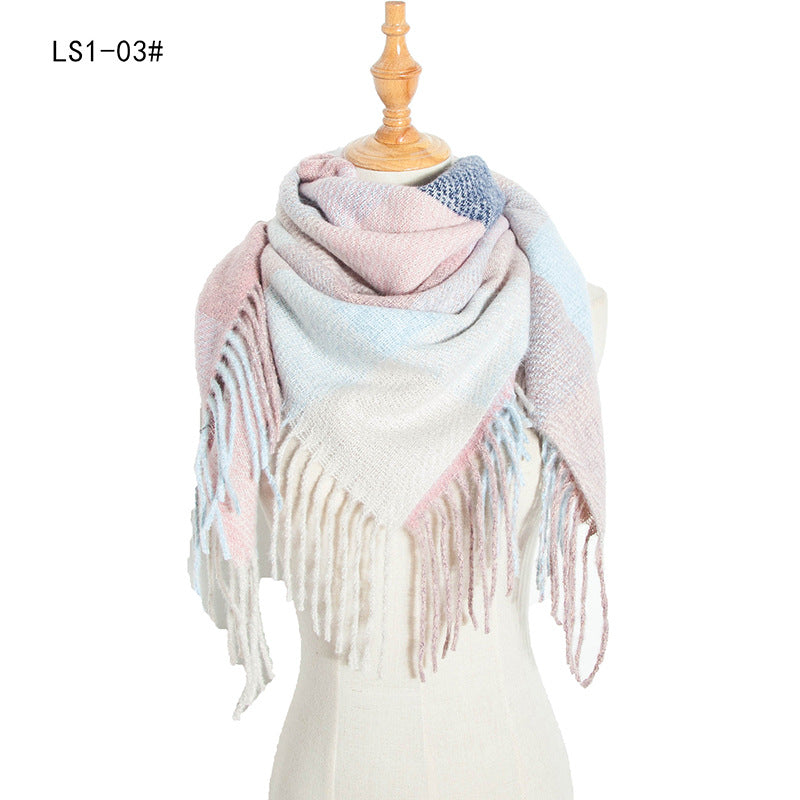 Winter Color Block Striped Tassel Square Scarf