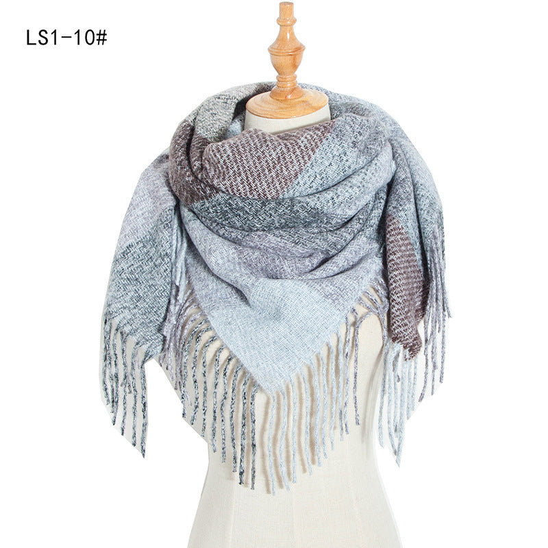 Winter Color Block Striped Tassel Square Scarf