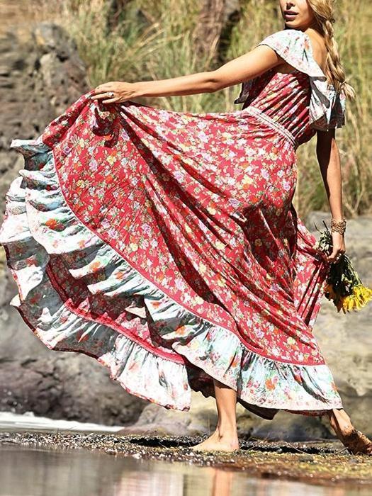Red Off-The-Shoulder Bohemia Maxi Chiffon Floral Print Dress Beach Style Vacation Dress