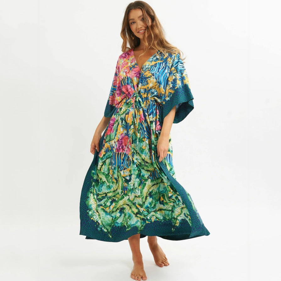 Positioning Print Beach Blouse Gown Style Resort Sunscreen Shirt Sexy Bikini Blouse