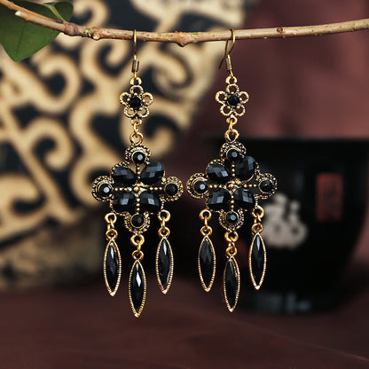 New Vintage Ethnic Accessories Diamond-Shaped Hole Blue Cutout Long Fringed Earrings With Women'S Diamond-Set Alloy Earrings