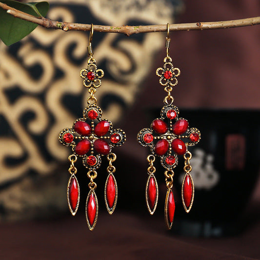 New Vintage Ethnic Accessories Diamond-Shaped Hole Blue Cutout Long Fringed Earrings With Women'S Diamond-Set Alloy Earrings