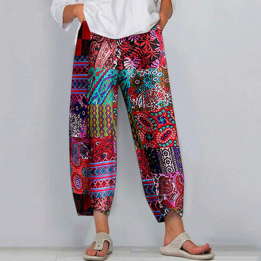 Cotton Hemp Tight Belt Casual Loose Wide-Legged Trousers