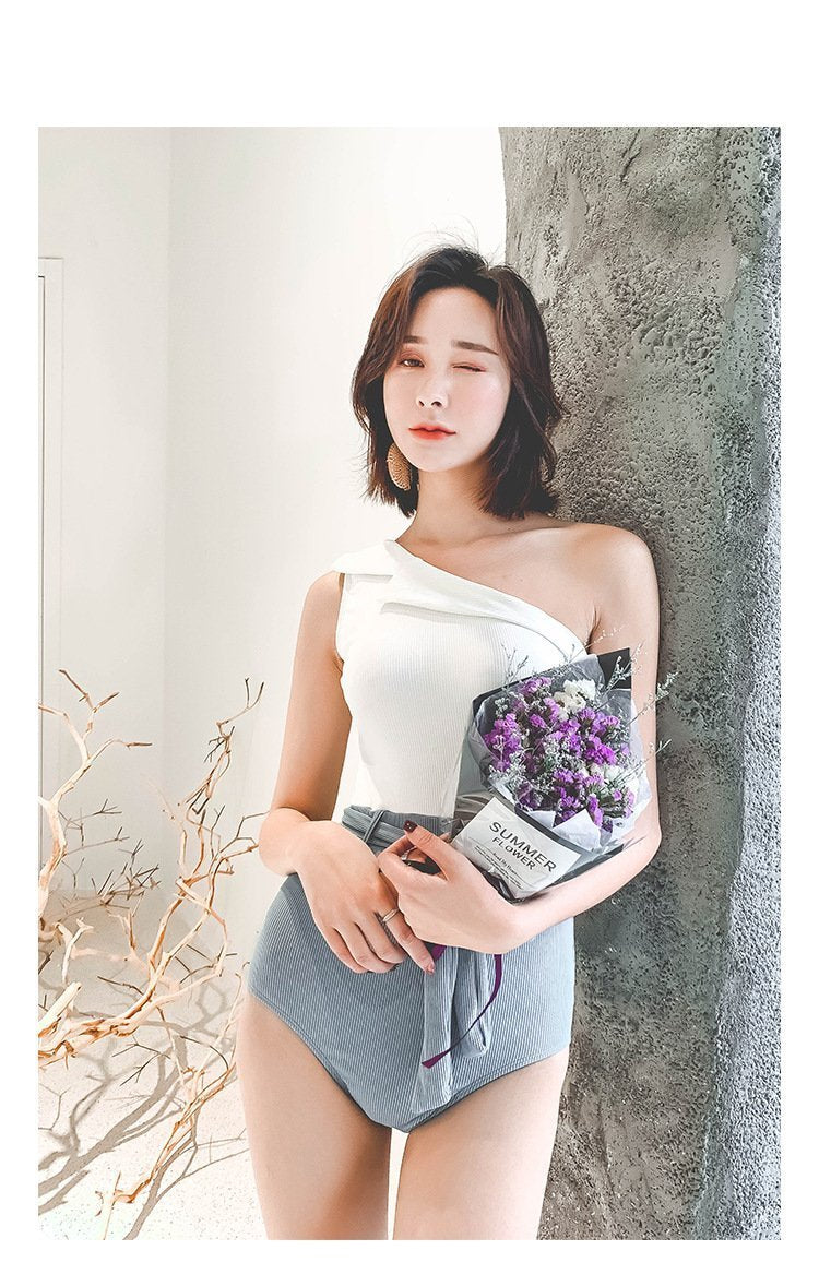 Sexy Swimsuit Female Retro One-Shoulder Slimming Conjoined Spa Bikini Swimwear