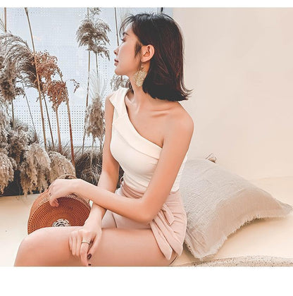 Sexy Swimsuit Female Retro One-Shoulder Slimming Conjoined Spa Bikini Swimwear
