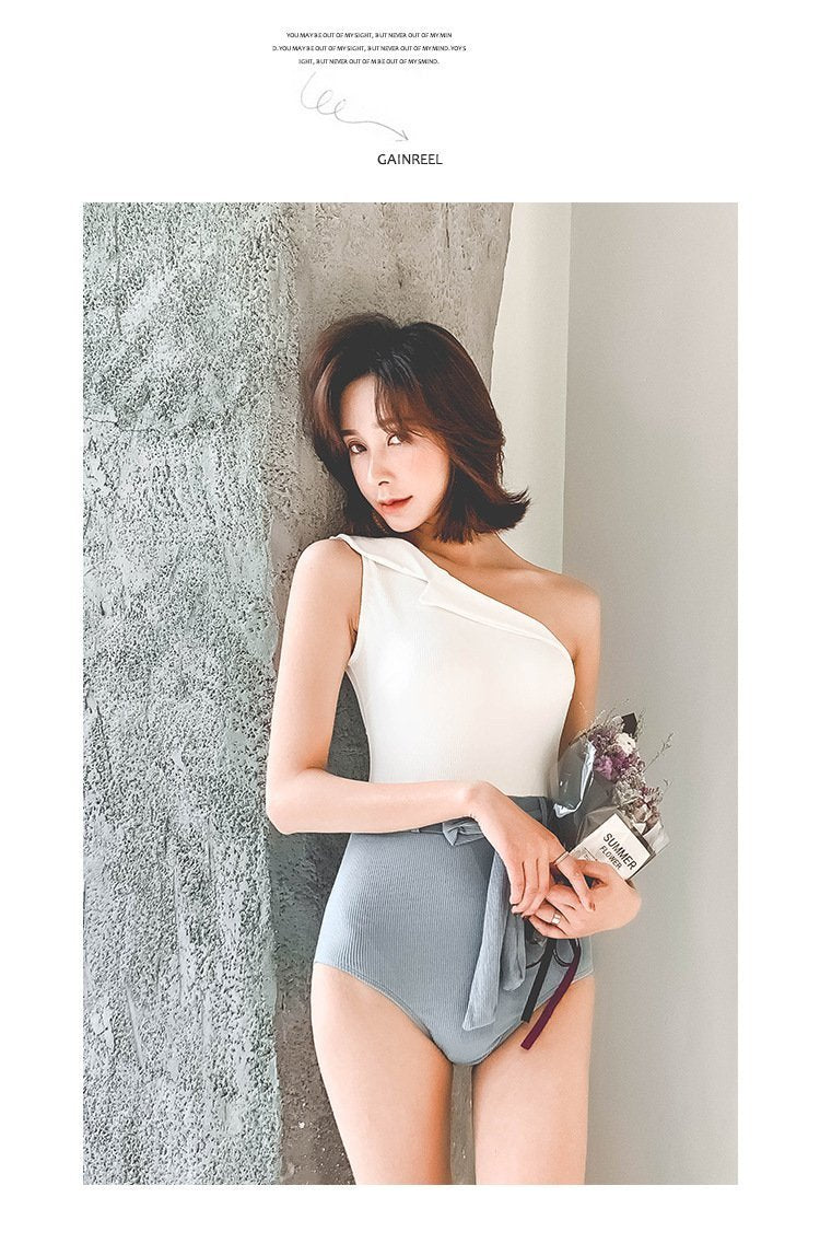 Sexy Swimsuit Female Retro One-Shoulder Slimming Conjoined Spa Bikini Swimwear