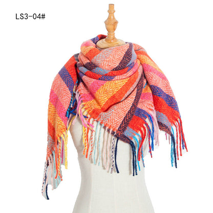 Winter Color Block Striped Tassel Square Scarf