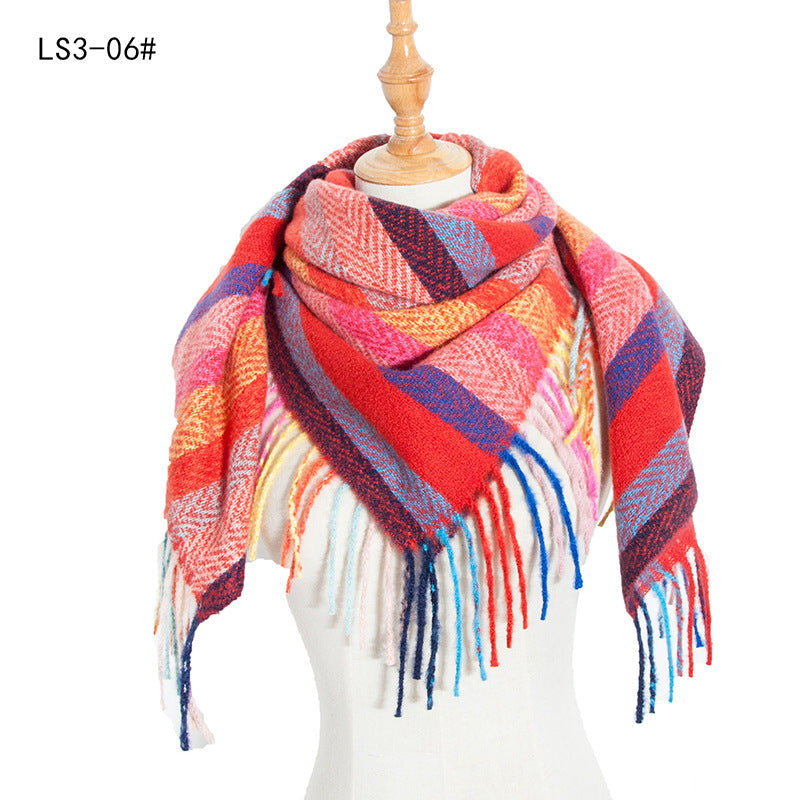 Winter Color Block Striped Tassel Square Scarf