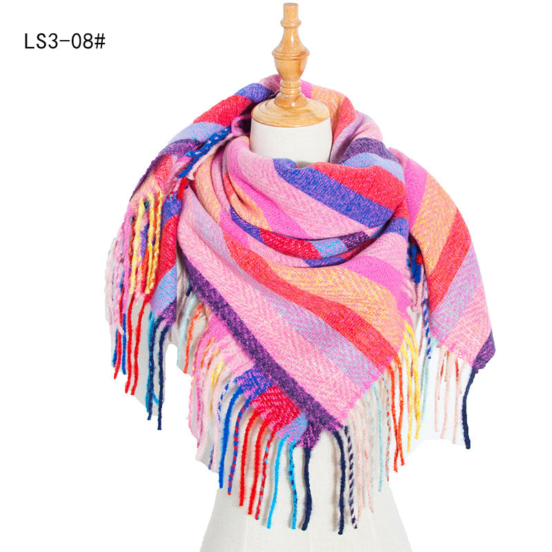 Winter Color Block Striped Tassel Square Scarf