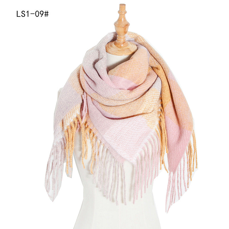 Winter Color Block Striped Tassel Square Scarf