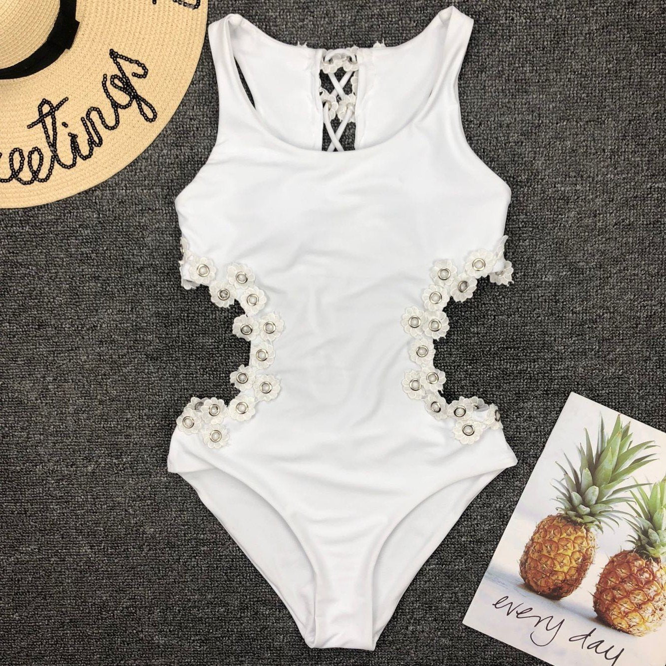 Women Sexy Backless One-Piece Swimsuit Three-Dimensional Flower Rivet One-Piece Bikini Swimsuit