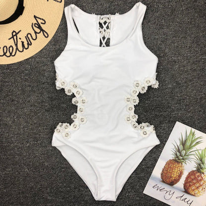 Women Sexy Backless One-Piece Swimsuit Three-Dimensional Flower Rivet One-Piece Bikini Swimsuit
