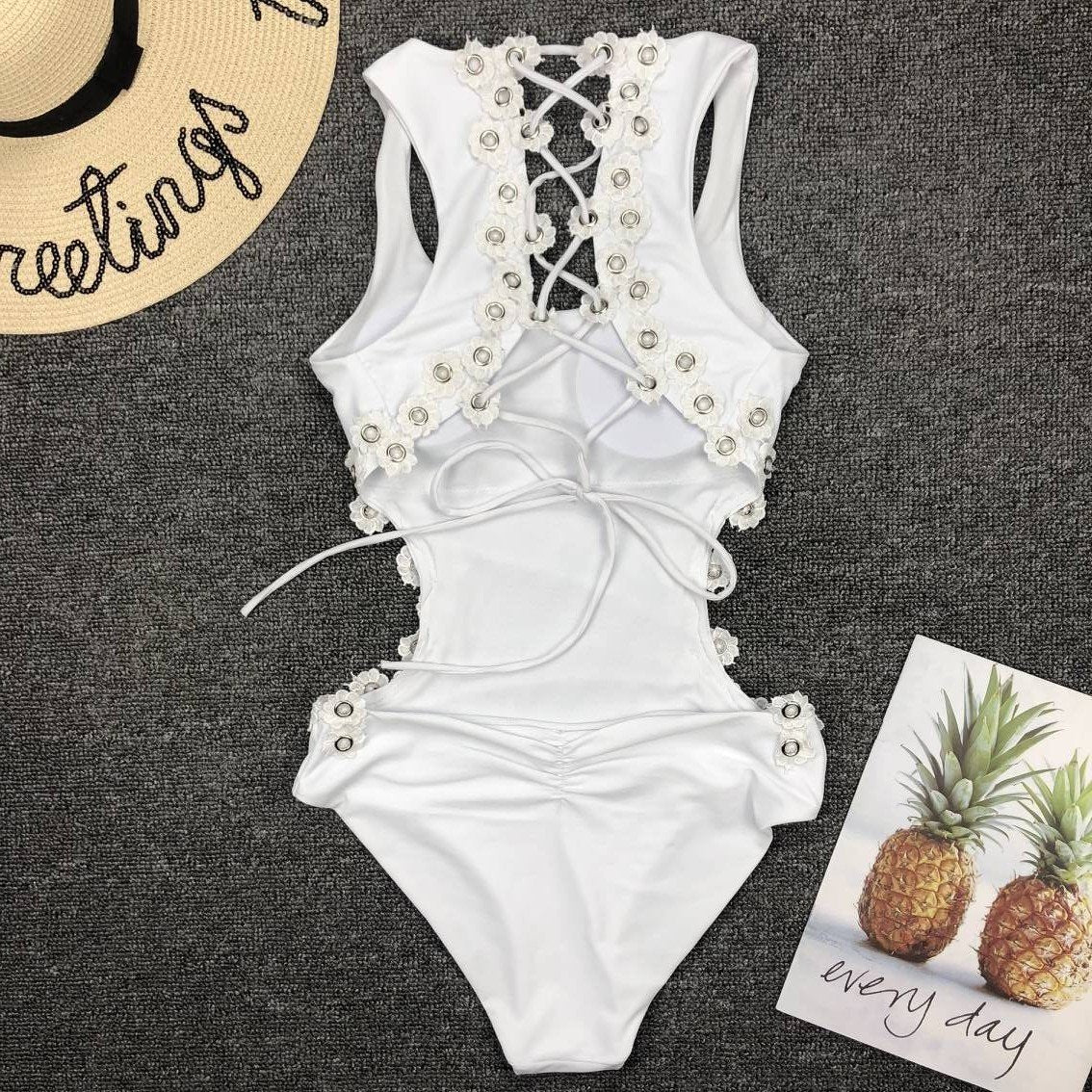 Women Sexy Backless One-Piece Swimsuit Three-Dimensional Flower Rivet One-Piece Bikini Swimsuit